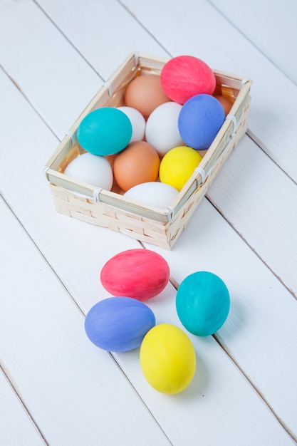 Oeufs de Pâques colorés en fond de panier