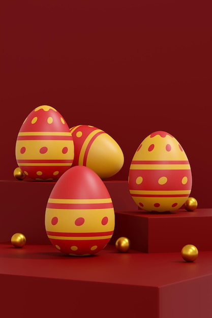 Un oeufs de Pâques colorés sur fond rouge Joyeuses Pâques concept 3D illustration