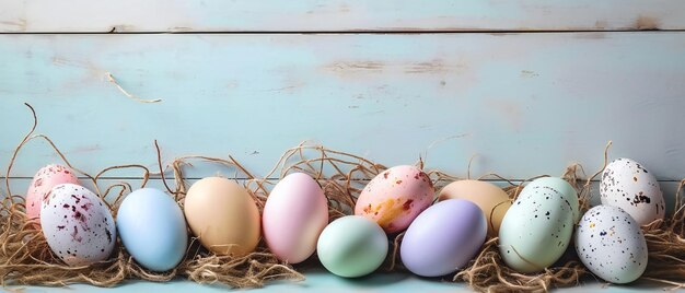 des œufs de Pâques colorés isolés sur un fond en bois bleu