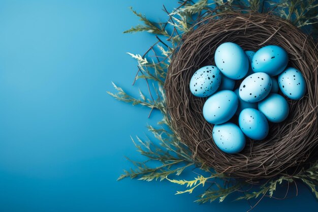 Des œufs de Pâques colorés nichés dans le bleu