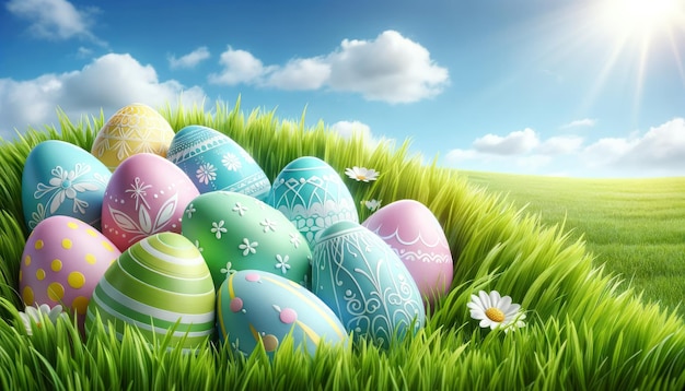 Des œufs de Pâques colorés nichés dans l'herbe de printemps en arrière-plan festif