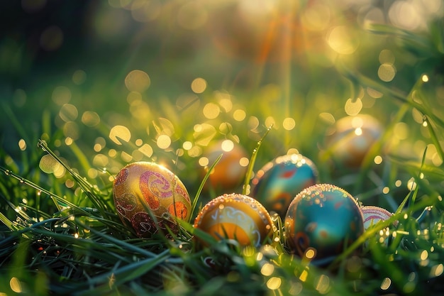 Des œufs de Pâques colorés nichés dans l'herbe de rosée du matin