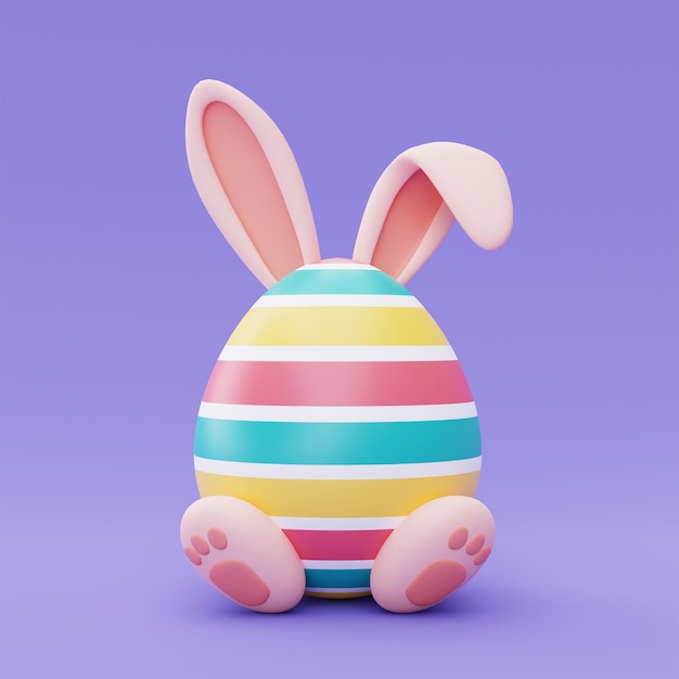 Oeufs de pâques colorés avec des oreilles de lapin sur fond violetconcept de vacances de pâques heureuxstyle minimalrendu 3d