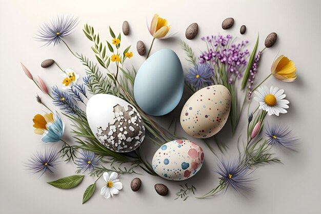 Oeufs de Pâques colorés peints avec des fleurs de printemps sur fond blanc Generative AI