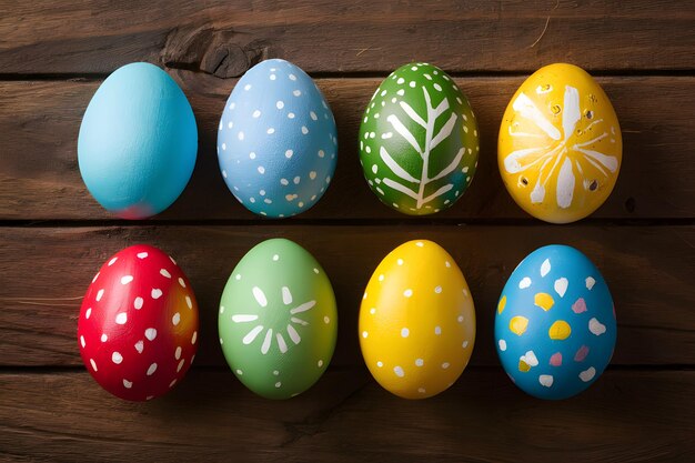 Photo des œufs de pâques colorés peints à la main sur fond de bois