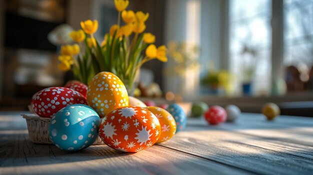 Photo des œufs de pâques colorés et une serviette sur une table en bois