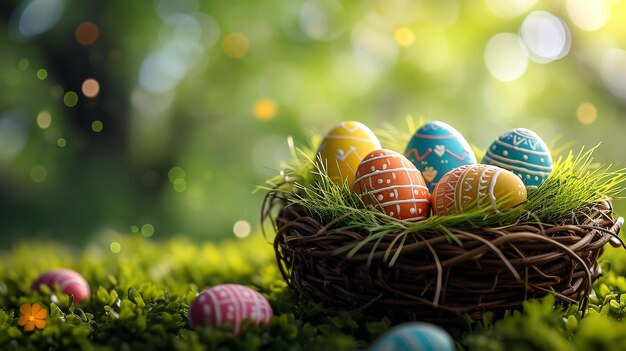 Des œufs de Pâques colorés et une serviette sur une table en bois