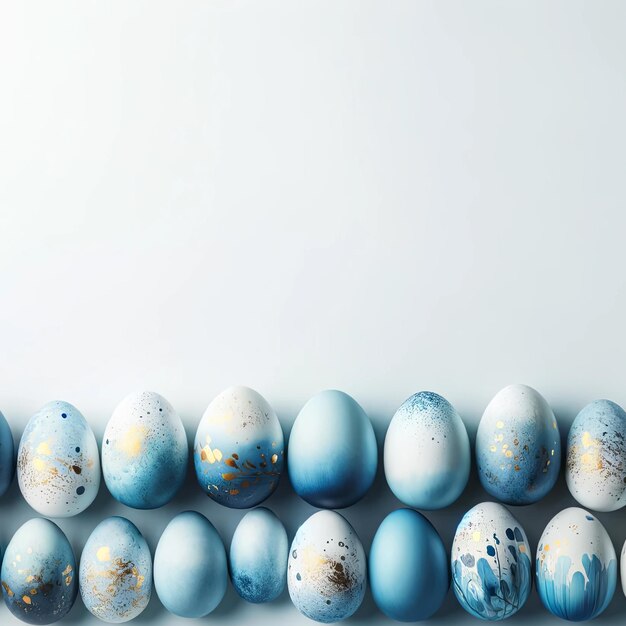 Des œufs de Pâques cosmiques bleus sur fond blanc