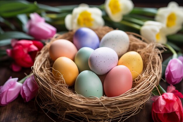Des œufs de Pâques de couleur pastel dans un nid entouré de belles tulipes