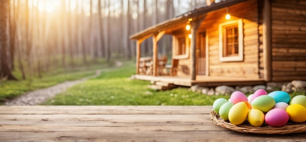 Des œufs de Pâques de couleur pastel dans un panier en osier sur une table en bois avec une cabane rustique et une forêt