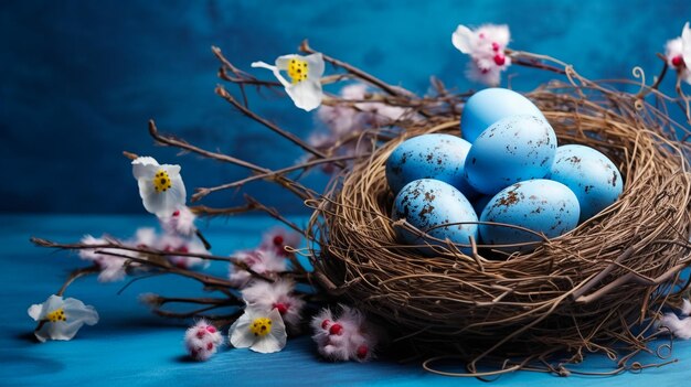Des œufs de Pâques en couleurs bleues dans un nid La place pour le texte Le concept de décoration élégante pour Ea