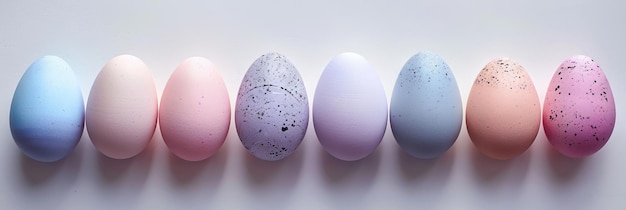 Des œufs de Pâques de couleurs pastel rangés sur un fond blanc