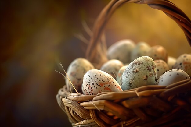 Des œufs de Pâques créatifs peints à la main en couleurs pastel dans un panier en osier en gros plan