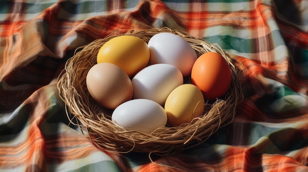 Des œufs de Pâques dans une assiette en osier avec des plumes