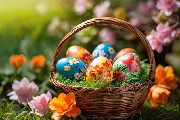 Des œufs de Pâques dans un beau panier des œufs multicolores sur fond d'herbe verte