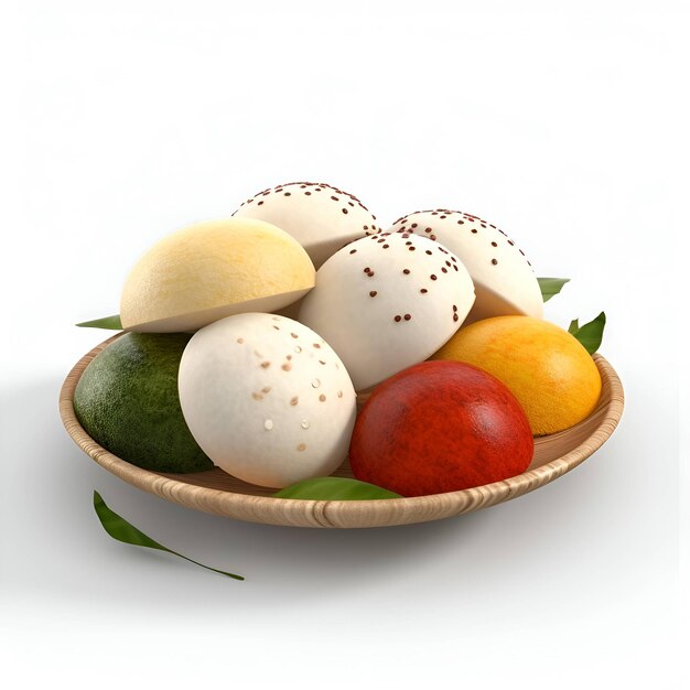 Oeufs de Pâques dans un bol en bois sur fond blanc illustration 3D