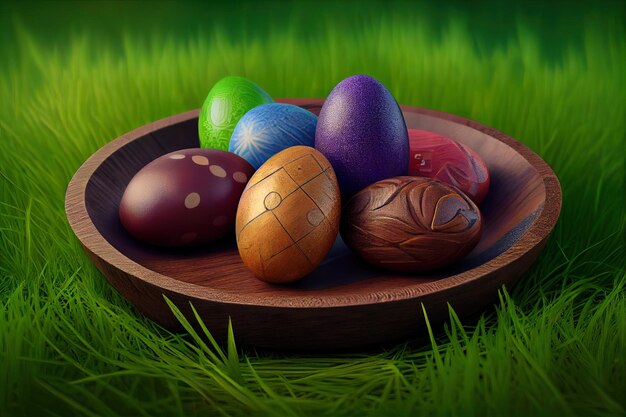 Oeufs de Pâques dans un bol en bois sur l'herbe