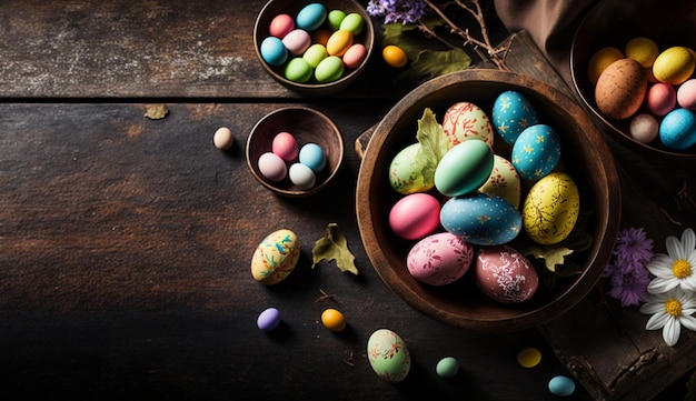 Oeufs de Pâques dans un bol avec un bol en bois et un bol en bois avec un oeuf peint dessus