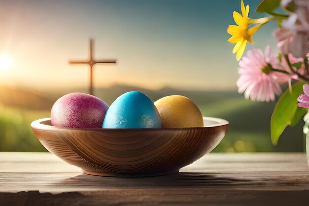 Photo oeufs de pâques dans un bol avec une croix sur le fond.