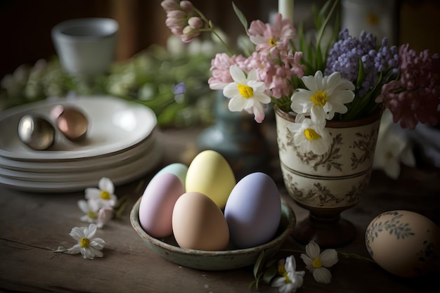 Oeufs de Pâques dans un bol avec des fleurs et un vase de fleurs