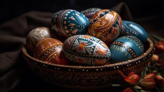 Oeufs de Pâques dans un bol avec un motif de fleur rouge sur le devant