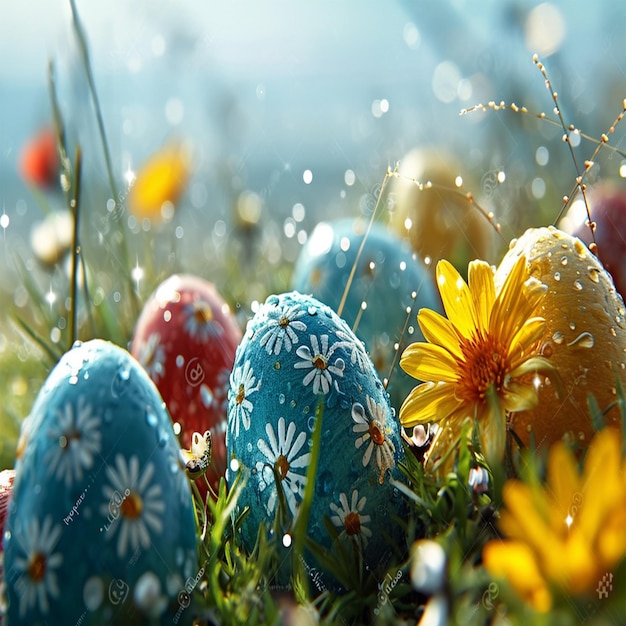 Des œufs de Pâques dans des fleurs et de l'herbe aux couleurs vives