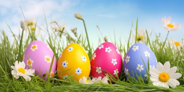 Oeufs de Pâques dans l'herbe avec un ciel bleu en arrière-plan