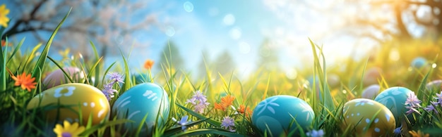 Des œufs de Pâques dans l'herbe un jour ensoleillé de printemps Bonne bannière de Pâques Décoration de Pâques IA générative
