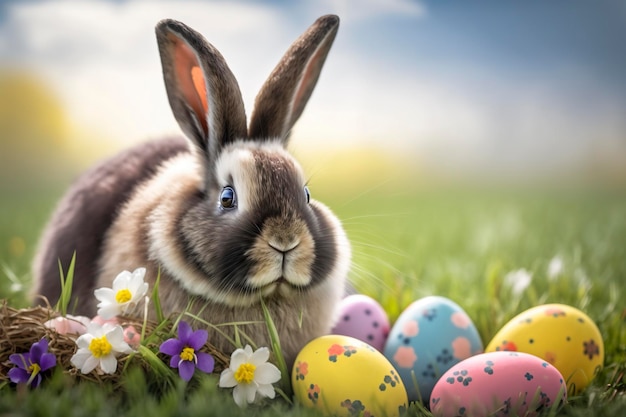 Oeufs de pâques dans l'herbe avec un lapin dans l'herbe