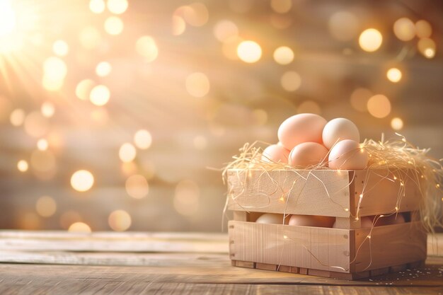 Des œufs de Pâques dans l'herbe avec le soleil en arrière-plan