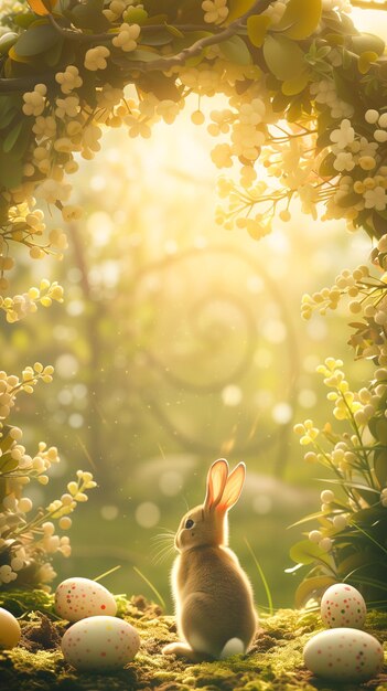 Des œufs de Pâques dans l'herbe avec le soleil en arrière-plan