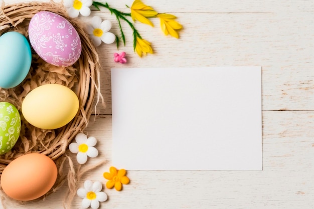 Oeufs de Pâques dans un nid et une carte vierge sur une table en bois