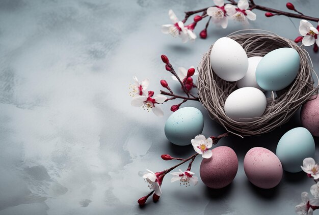 Des œufs de Pâques dans un nid avec des fleurs blanches sur un fond gris copyspace