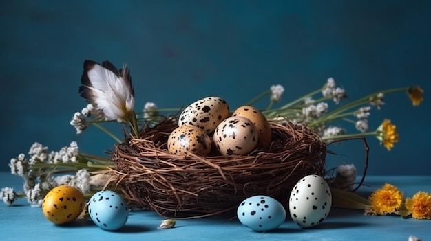 Oeufs de Pâques dans un nid avec des fleurs sur fond bleu ai générative