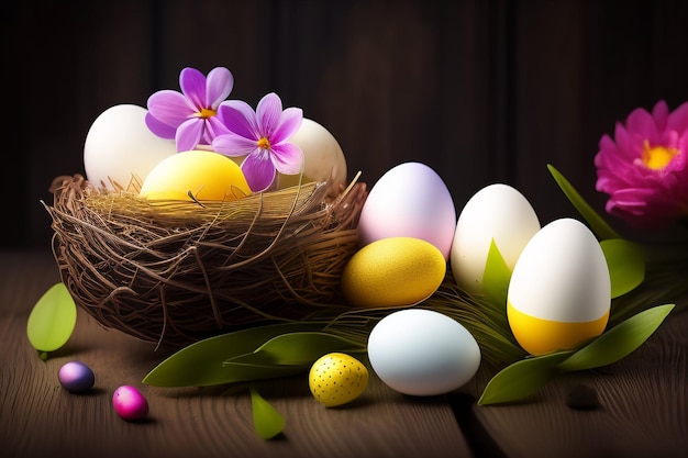 Oeufs de pâques dans un nid avec des fleurs violettes