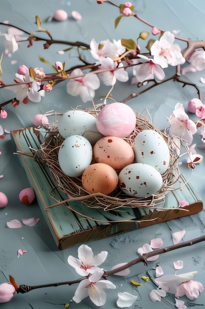 Des œufs de Pâques dans un nid sur un fond bleu avec des fleurs roses