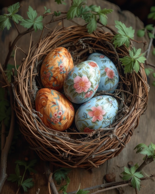 Des œufs de Pâques dans un nid sur fond de bois