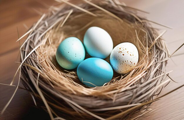 Photo des œufs de pâques dans un nid sur un fond en bois
