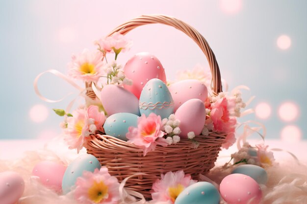 Oeufs de Pâques dans un nid sur une table en bois fond d'écran de Pâques fête chrétienne