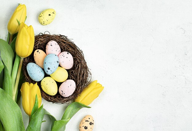 Oeufs de Pâques dans un nid et tulipes jaunes sur fond de béton clair