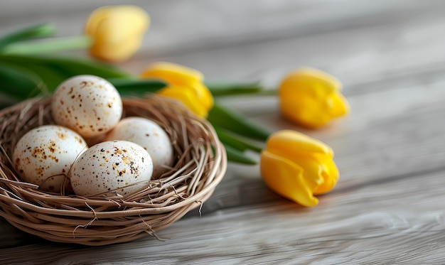 des œufs de Pâques dans un nid avec des tulipes jaunes