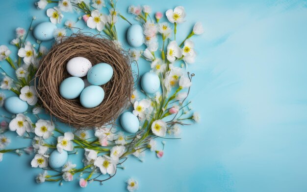 Photo des œufs de pâques dans les nids et un fond de fleurs de printemps avec copy space