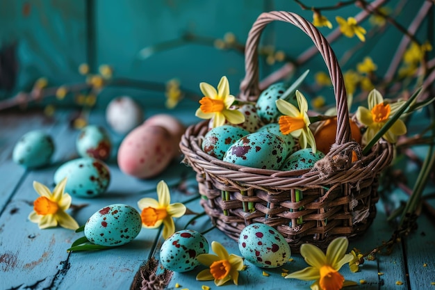 Des œufs de Pâques dans un panier entouré de narcises sur un fond bleu