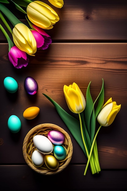 Oeufs de pâques dans un panier et fleurs sur un fond en bois