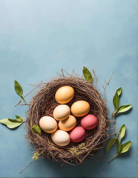 oeufs de pâques dans le panier et fleurs sur fond de bois