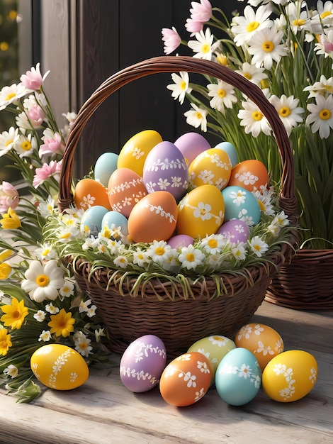 Photo des œufs de pâques dans un panier avec des fleurs.