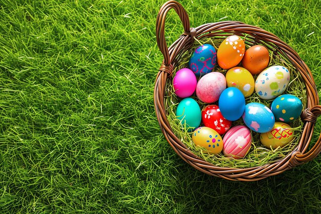 œufs de Pâques dans un panier sur l'herbe générés par l'IA