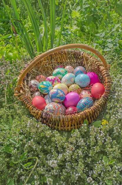 Oeufs de pâques dans le panier sur l'herbe