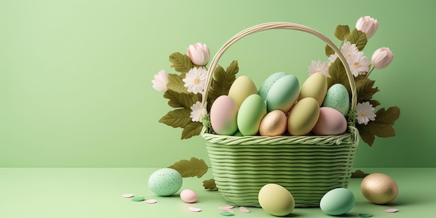 Oeufs de Pâques dans le panier isolés sur fond vert avec espace de copie pour les vacances de printemps