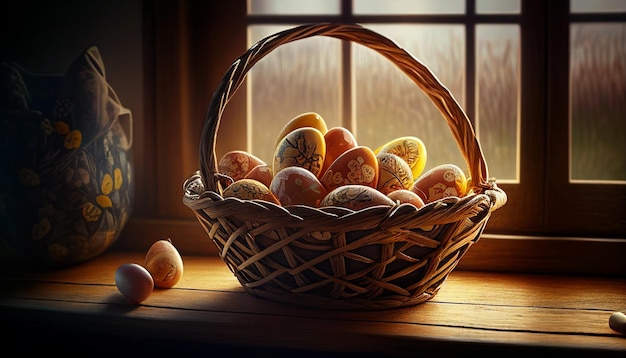 Oeufs de Pâques dans un panier en osier sur une surface en bois avec lumière du matin